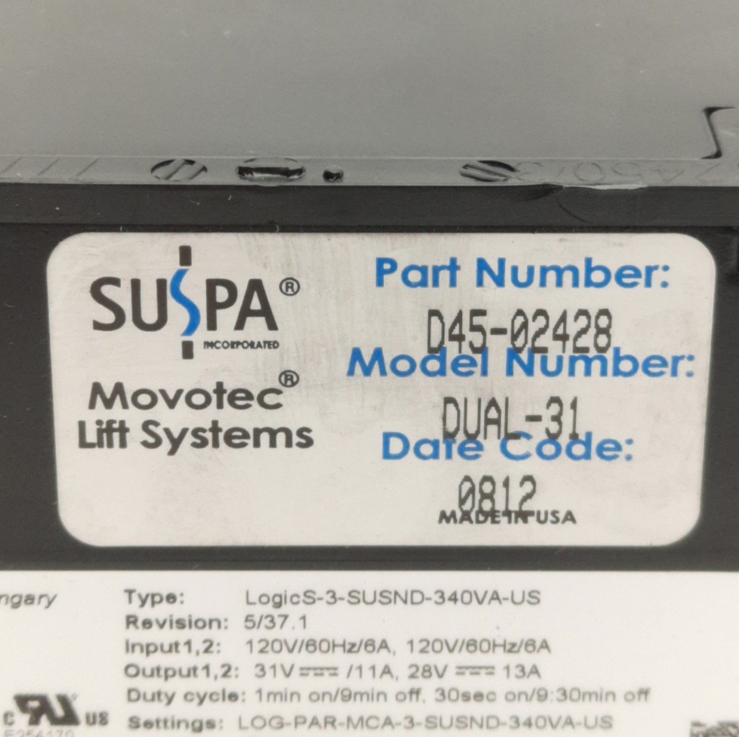 Used Suspa LogicS-3-SUSND-340VA-U D45-02428 Dual Output Power Supply, 31VDC & 28VDC