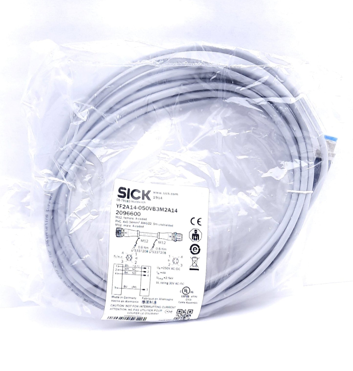 New Sick YF2A14-050VB3M2A14 2096600 Sensor Actuator Cable 4 Pin M12 Male to Female