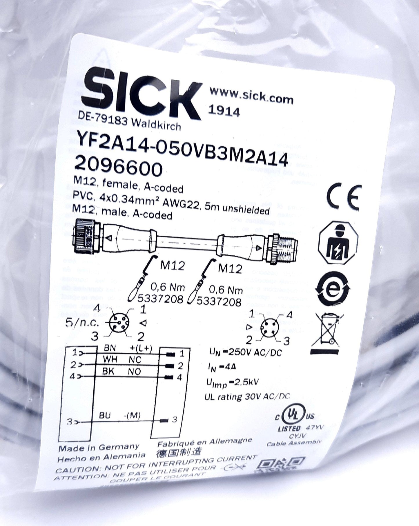 New Sick YF2A14-050VB3M2A14 2096600 Sensor Actuator Cable 4 Pin M12 Male to Female