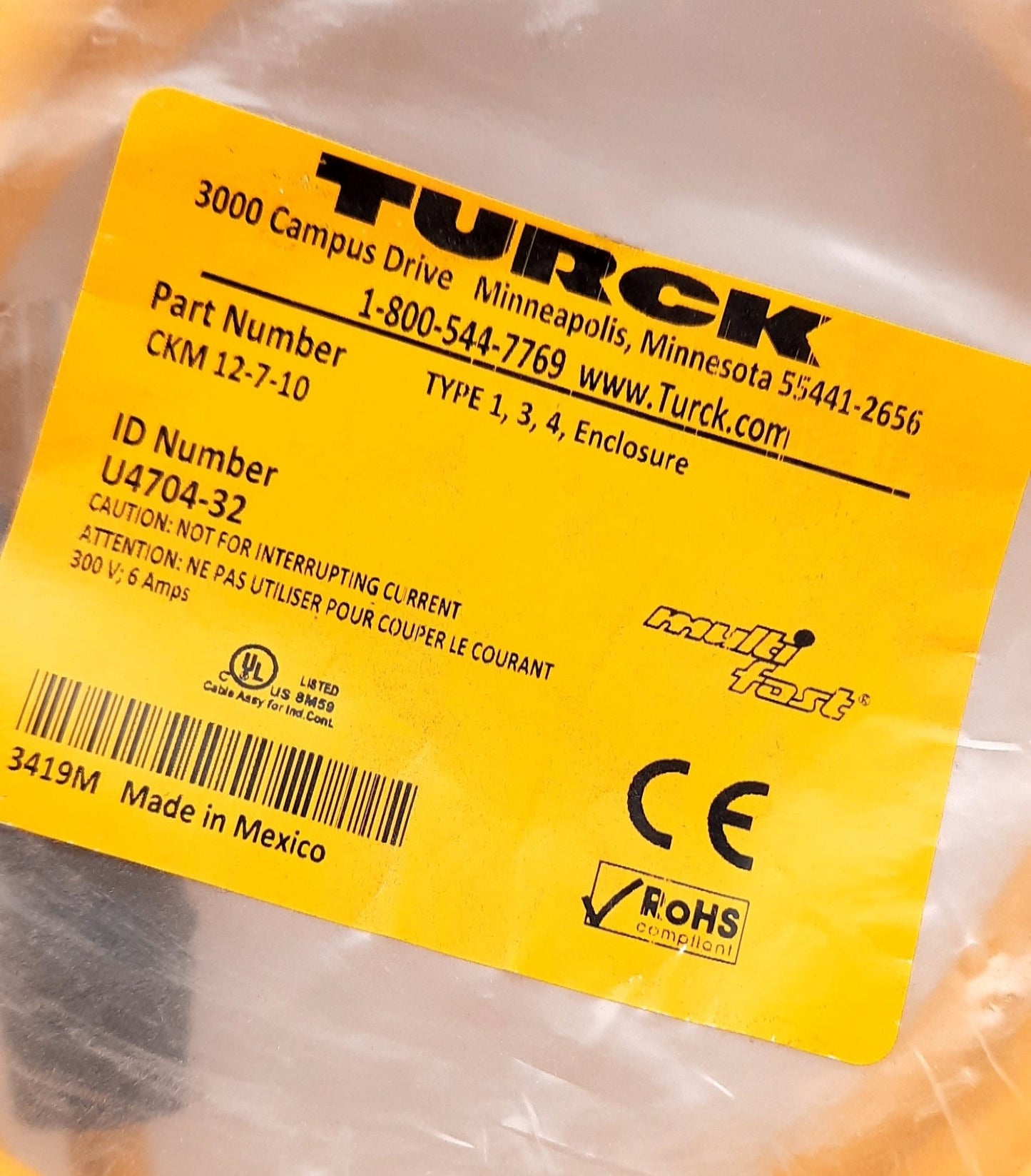 New Turck CKM 12-7-10 Actuator and Sensor Cordset 300V, 6 A, 12 Pin M23 Female