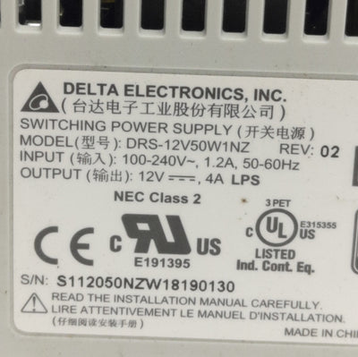 New Delta Electronics DRS-12V50W1NZ Power Supply 100-240VAC Input, 12VDC 4A Output