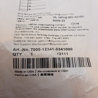 New Murr Elektronik 7000-12341-0341000 Cordset, 250VAC/DC 4A, M12 5-Pin Female, 10m