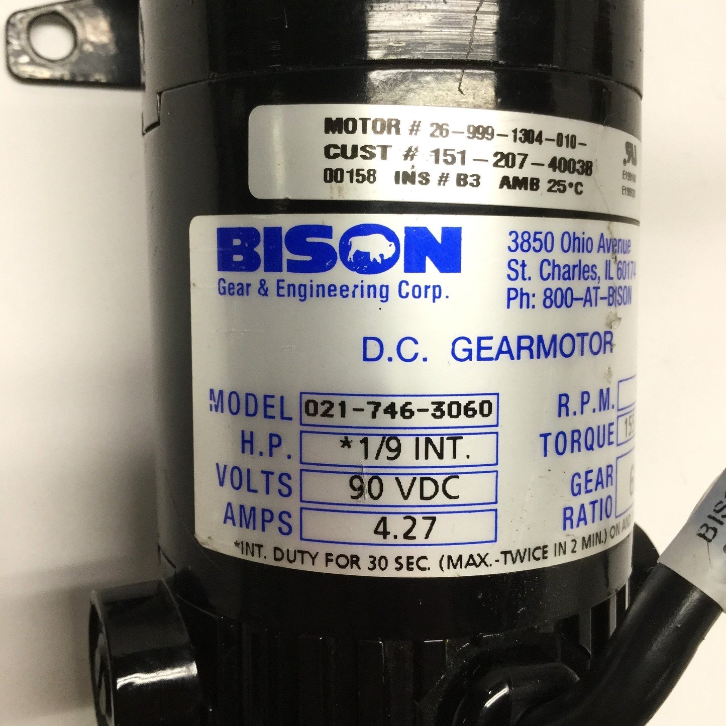 Used Bison 021-746-3060 Right-Angle DC Gear Motor 90VDC, 1/9HP, 60:1 Ratio, 42RPM