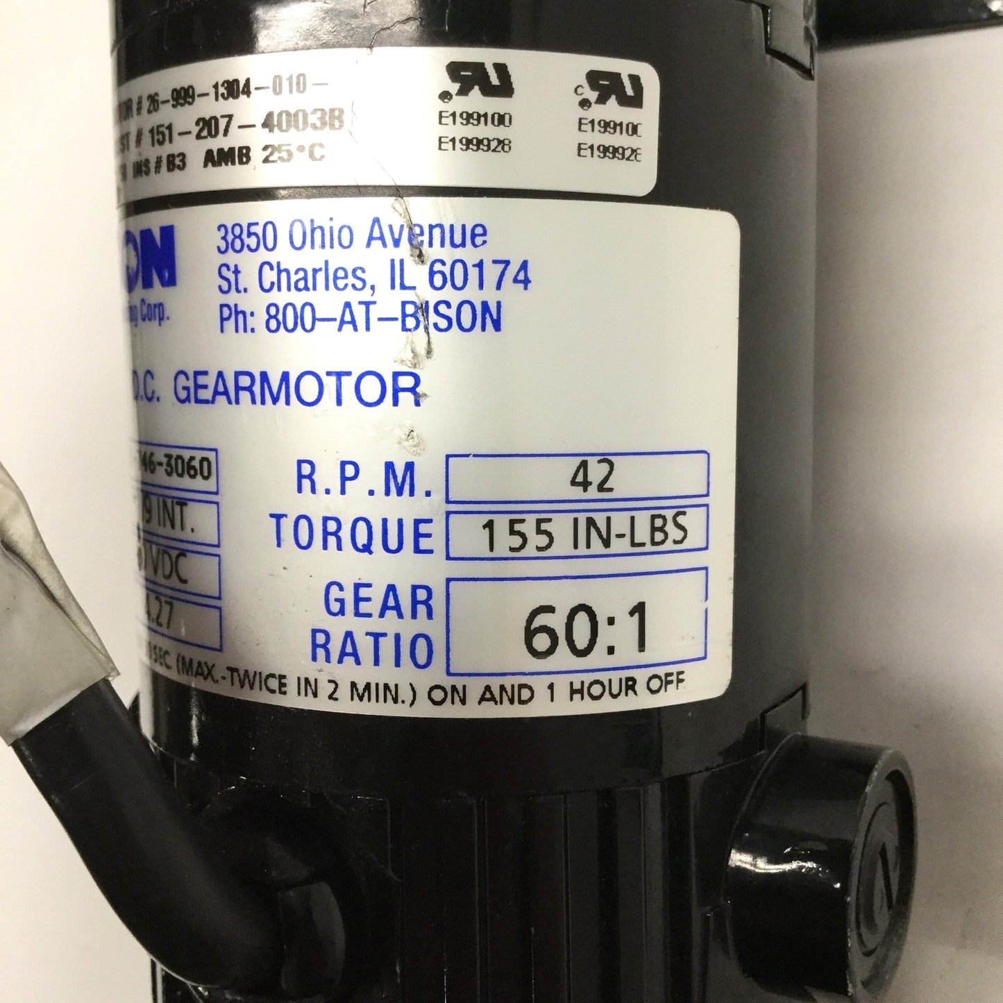 Used Bison 021-746-3060 Right-Angle DC Gear Motor 90VDC, 1/9HP, 60:1 Ratio, 42RPM