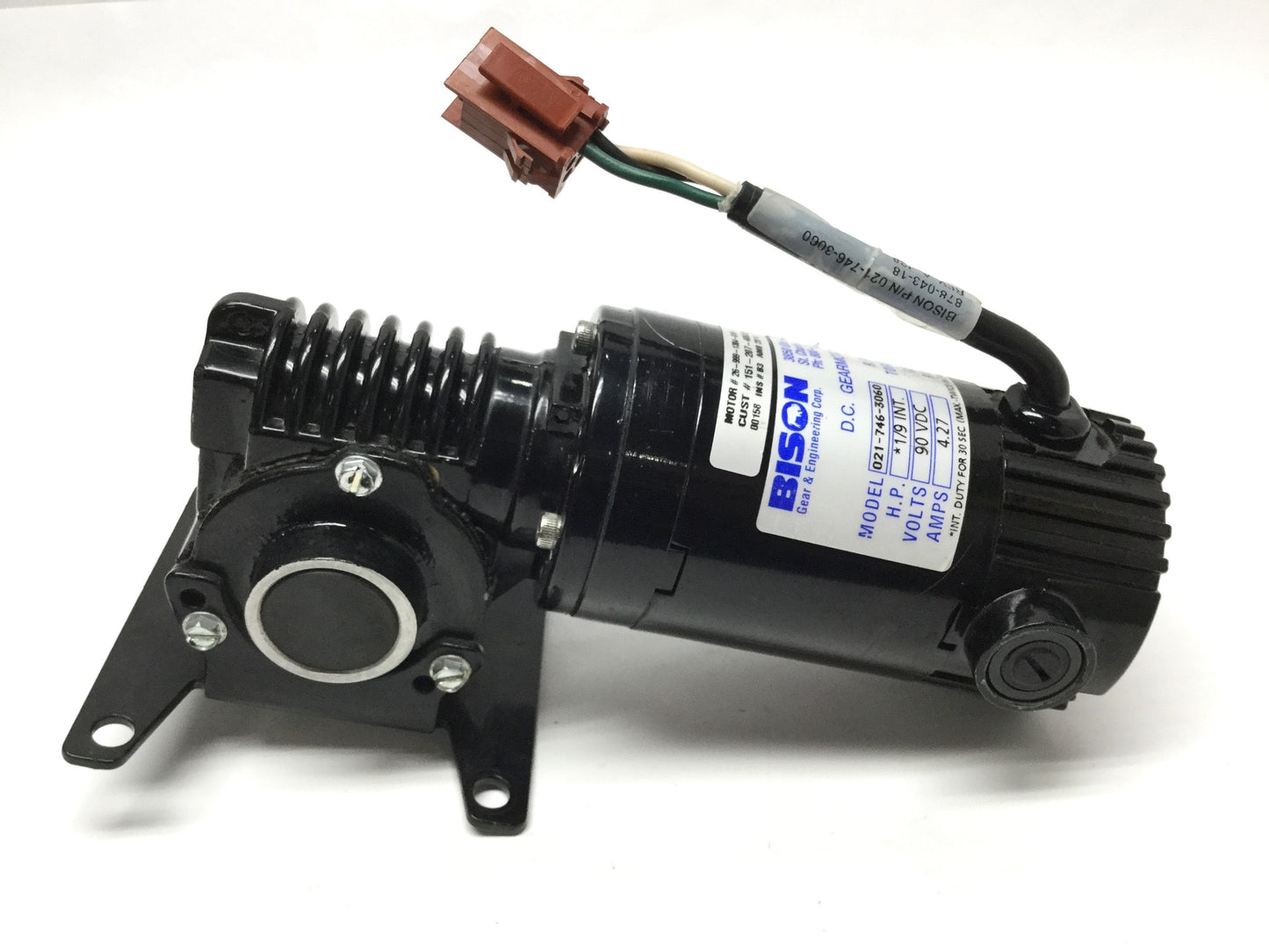 Used Bison 021-746-3060 Right-Angle DC Gear Motor 90VDC, 1/9HP, 60:1 Ratio, 42RPM