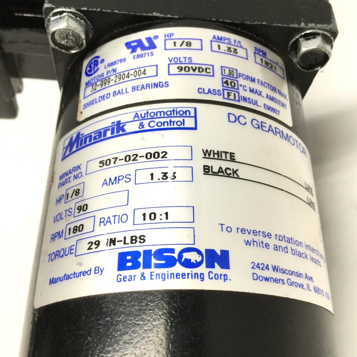 Used Bison 507-02-002 DC Gearmotor 90VDC, 10:1, 180RPM, 1/8HP, 29in-lbs, 5/8" Shaft