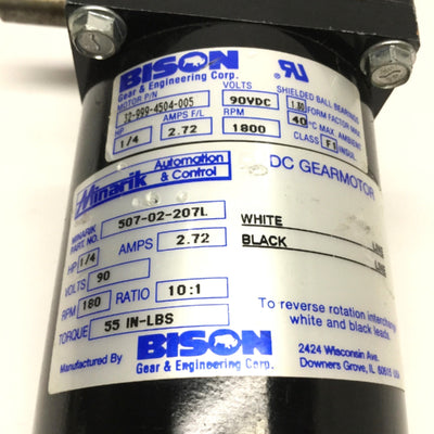Used Bison 507-02-207L DC Gearmotor 90VDC, 10:1, 180RPM, 1/4HP, 55in-lbs, 5/8" Shaft