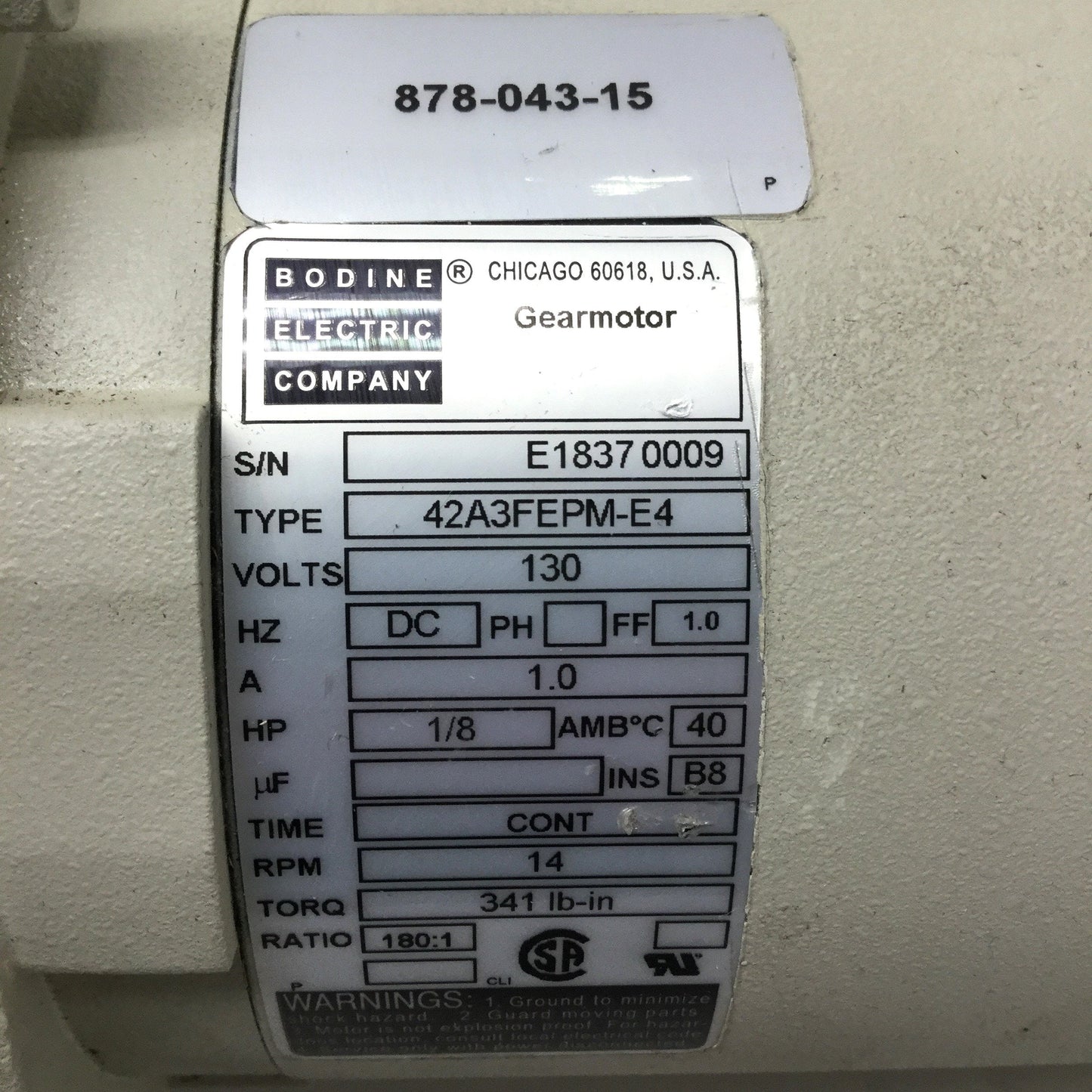 Used Bodine 42A3FEPM-E4 DC Gearmotor 130VDC 1A 180:1 14RPM 341lb-in 1/8HP