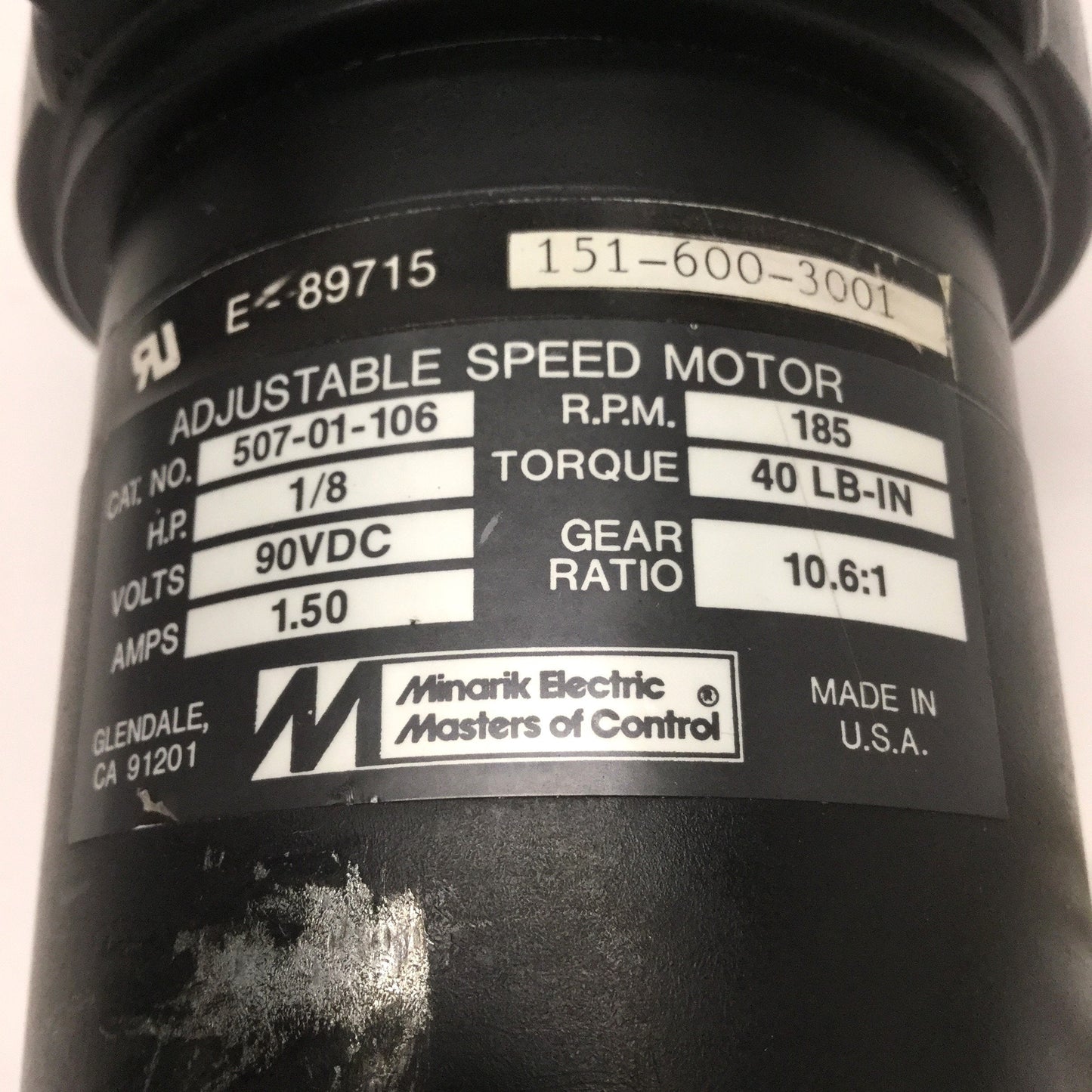 Used Minarik 507-01-106 Adjustable Speed Gearmotor 90VDC, 1/8HP, 10.6:1 Ratio, 185RPM