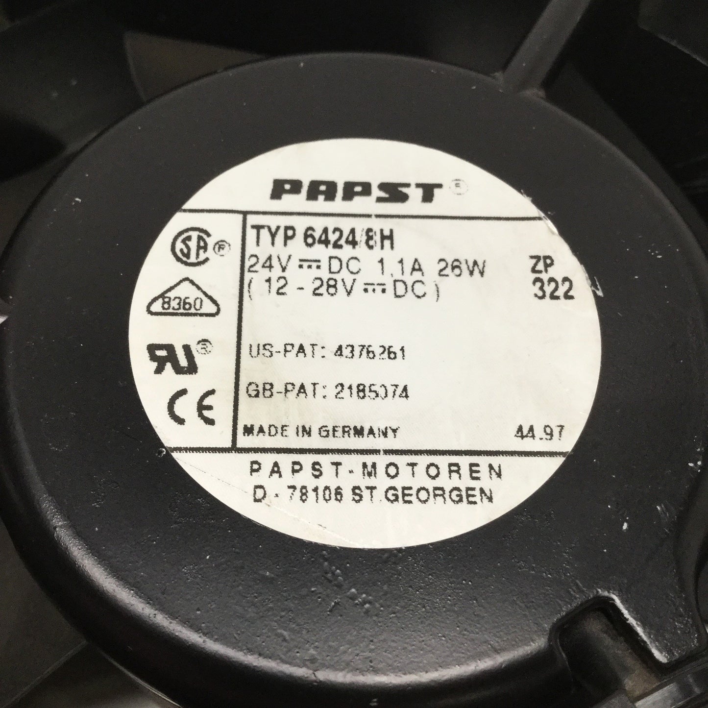 Used EBM Papst 6424/8H Axial Fan Ø172 x 150 x 51mm, 24VDC, 4000RPM, 283CFM w/Alarm