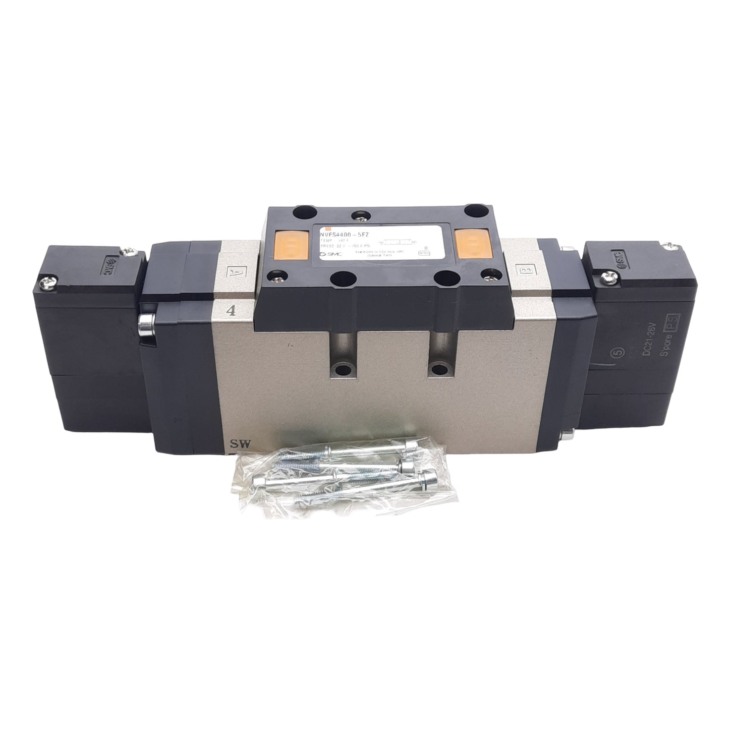 New SMC NVFS4400-5FZ Solenoid Valve 3-Position Exhaust Center, 22-150PSI, 24VDC Coil