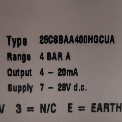 New Gems 26CSBAA400HGCUA Pressure Transmitter, 7-28VDC, 4-20mA, 0-4bar, 1/2in NPT