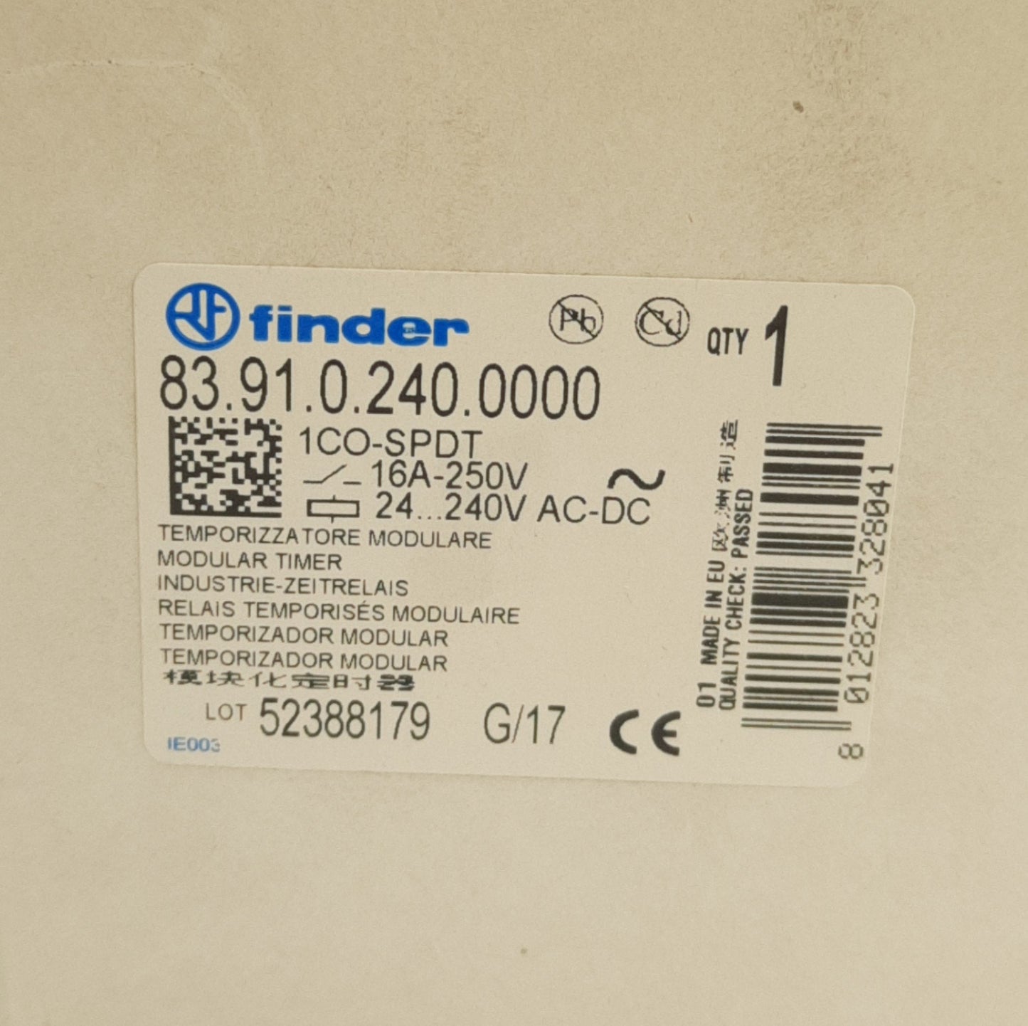 New Finder 83.91.0.240.0000 Analog Timer Relay, 1CO SPDT 16A, 0.05s to 240h, 240V