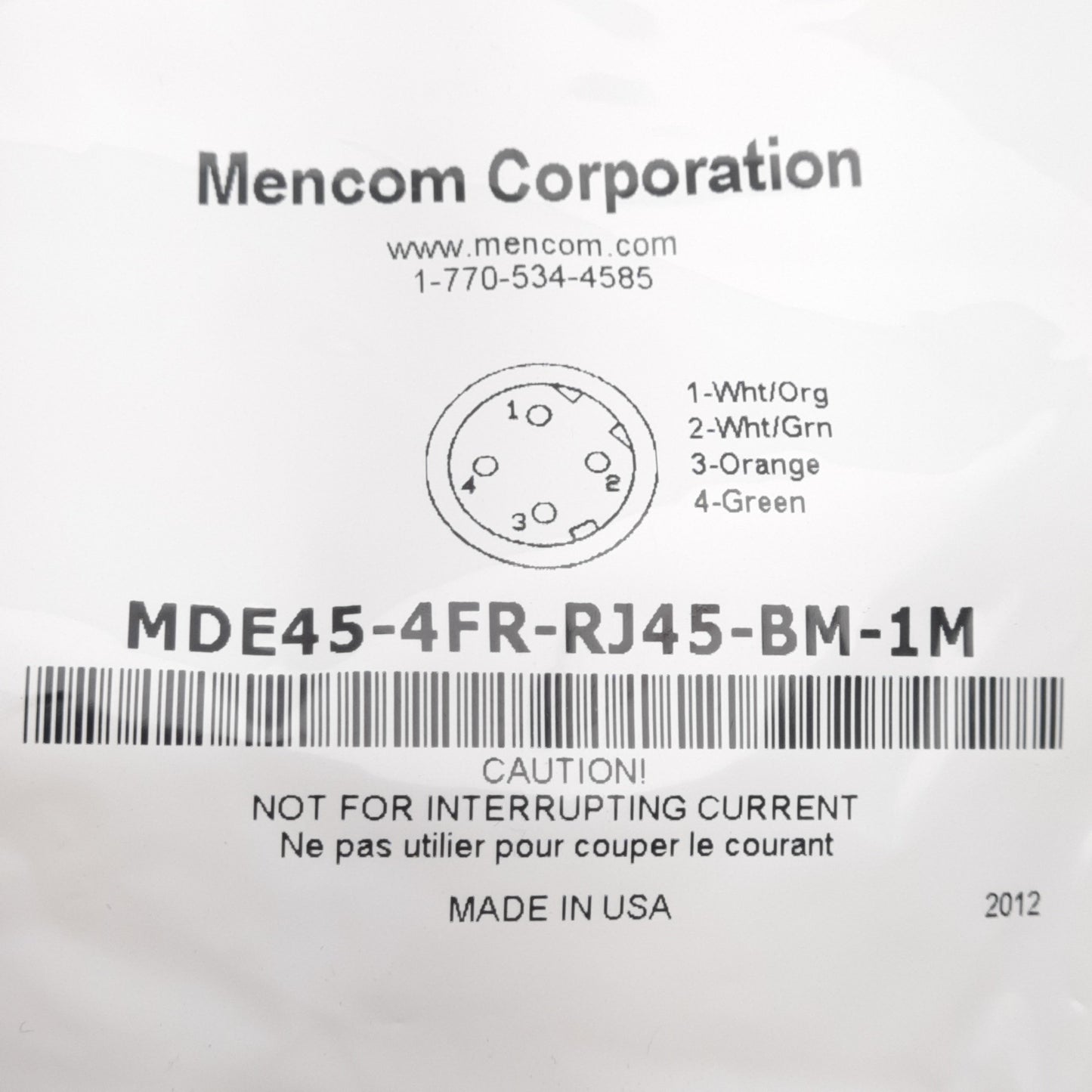 New Lot of 5 Mencom MDE45-4FR-RJ45-BM-1M Ethernet Cordset, M12 4-Pin to RJ-45, 1m