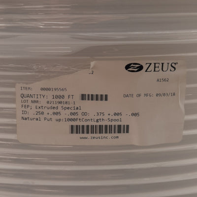 New Zeus FEP Extruded Special Tubing, ø0.250in ID, ø0.375in ID, 1000ft Spool