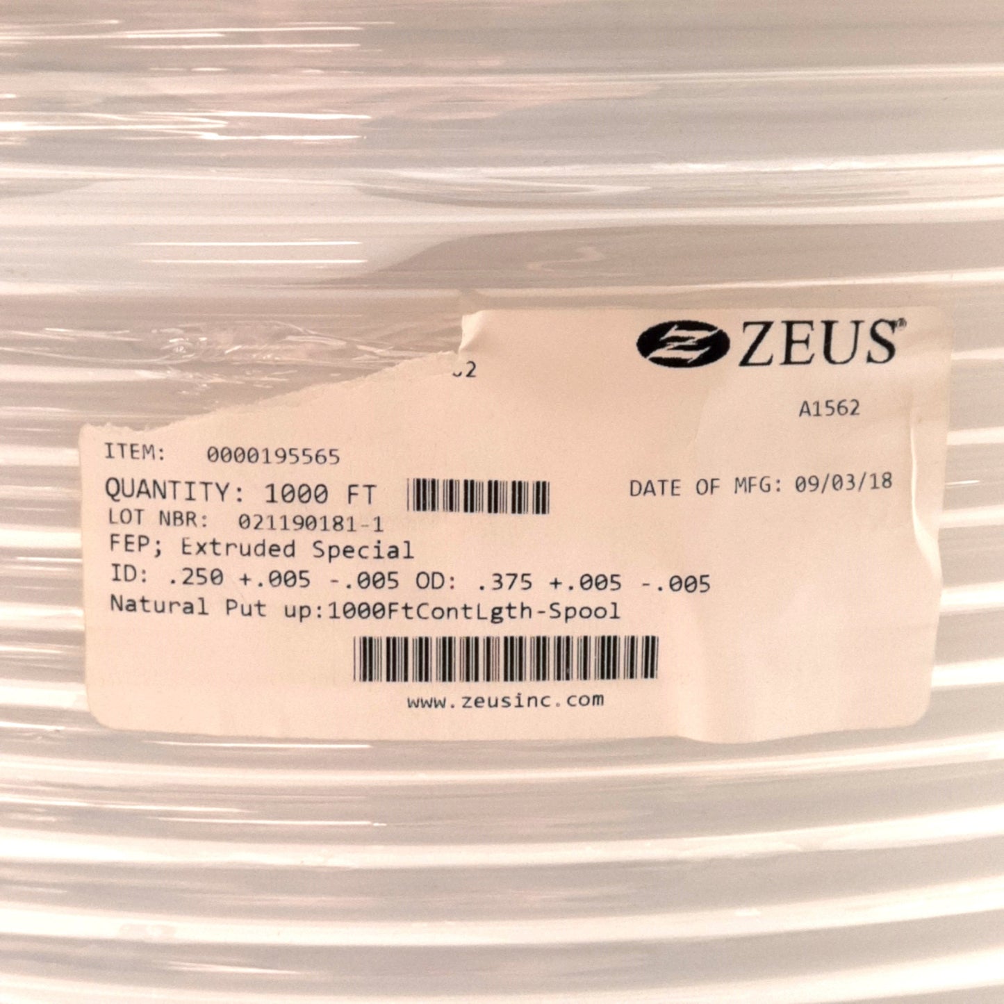 New Zeus FEP Extruded Special Tubing, ø0.250in ID, ø0.375in ID *Sold By Foot*