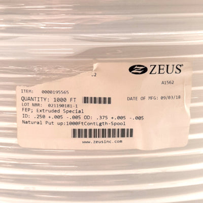 New Zeus FEP Extruded Special Tubing, ø0.250in ID, ø0.375in ID *Sold By Foot*