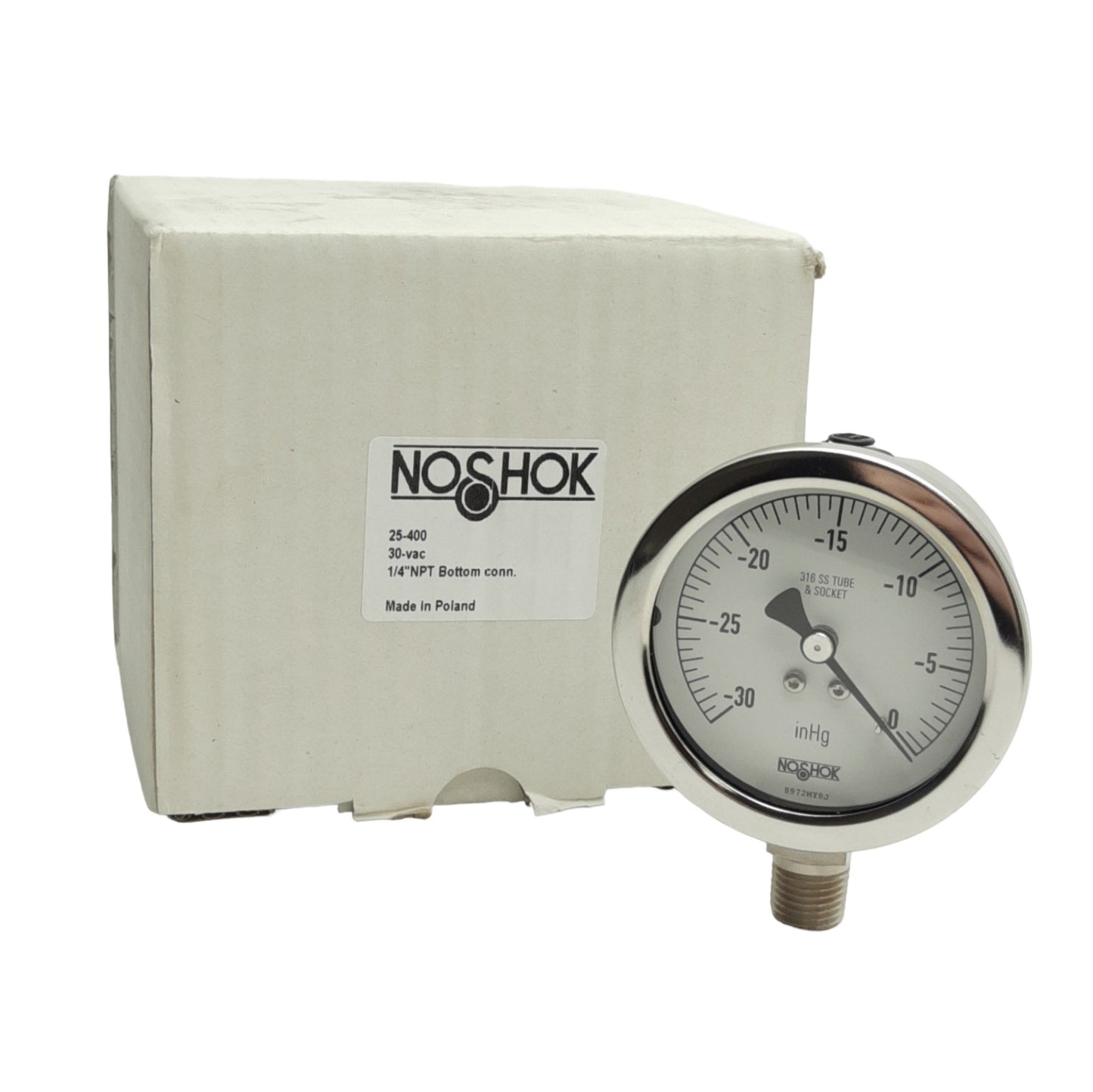 New Noshok 25-400-30Vac-1/4 Pressure Gauge, 2.5" Dial, -30in/Hg, 1/4" NPT Male