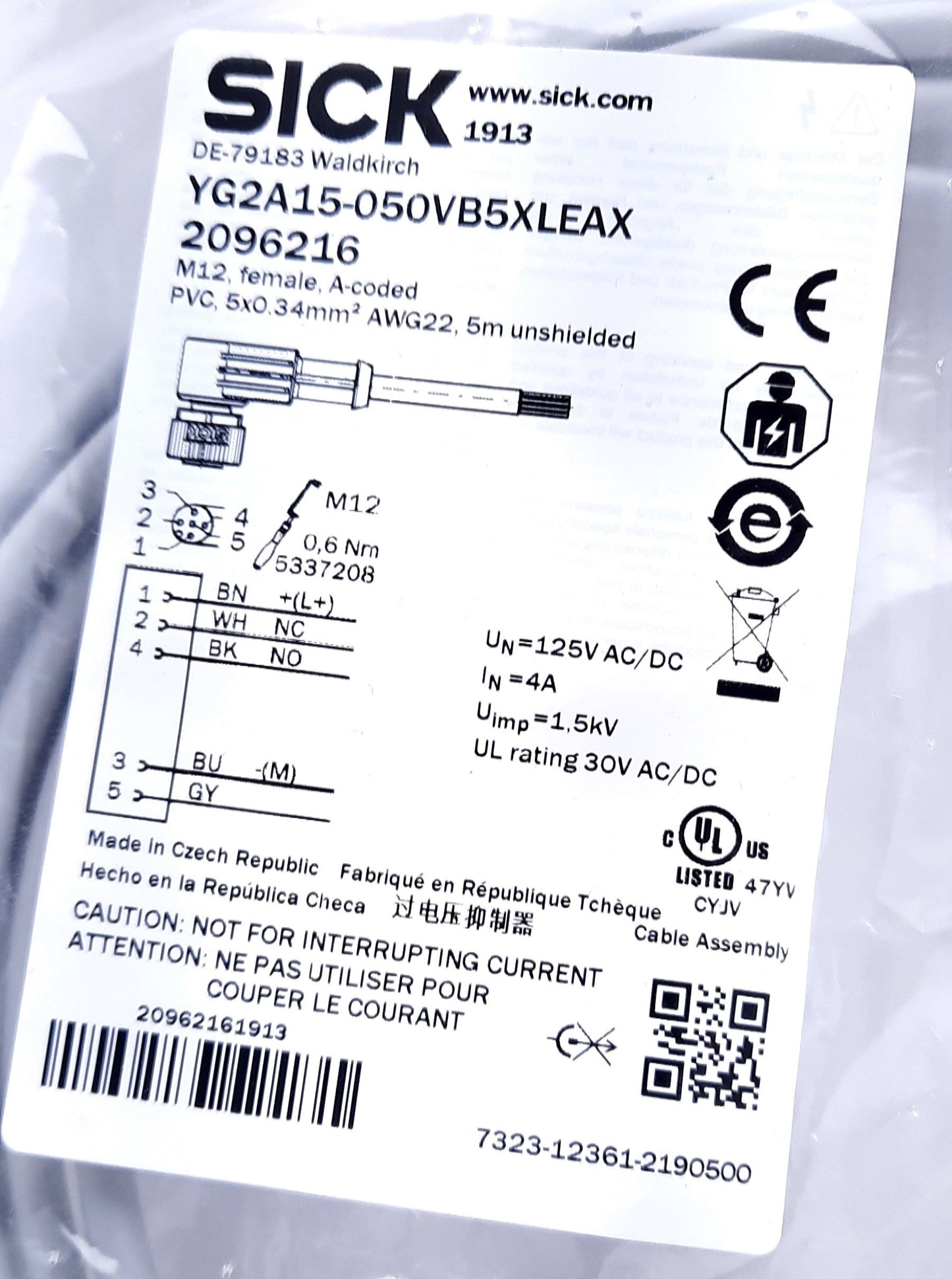 New Sick YG2A15-050VB5XLEAX Sensor Actuator Cable 5m Angled M12 Female to Wire Leads