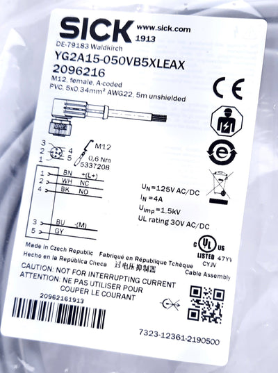 New Sick YG2A15-050VB5XLEAX Sensor Actuator Cable 5m Angled M12 Female to Wire Leads