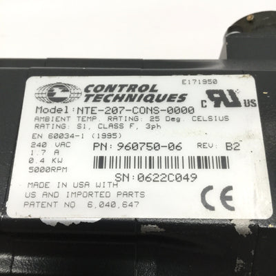 Used Control Techniques NTE-207-CONS-0000 Servo Motor, NEMA 23, 240VAC, 1.7A, 5000RPM