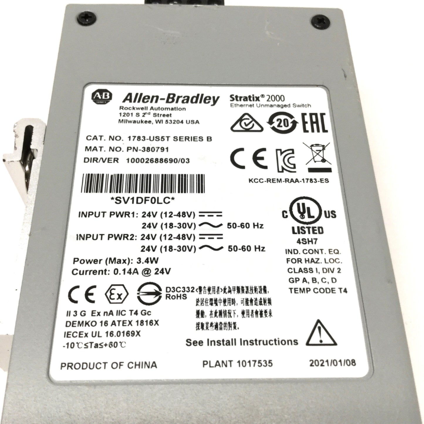 Used Allen Bradley 1783-US5T Stratix 2000 Unmanaged Ethernet Switch 24V AC/DC, 5-Port