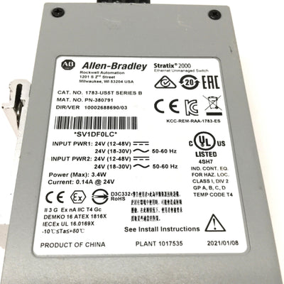 Used Allen Bradley 1783-US5T Stratix 2000 Unmanaged Ethernet Switch 24V AC/DC, 5-Port