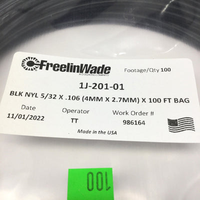 New Freelin Wade 1J-201-01 Black Nylon Tubing, 100ft Long, Ø5/32 OD x Ø0.106" ID