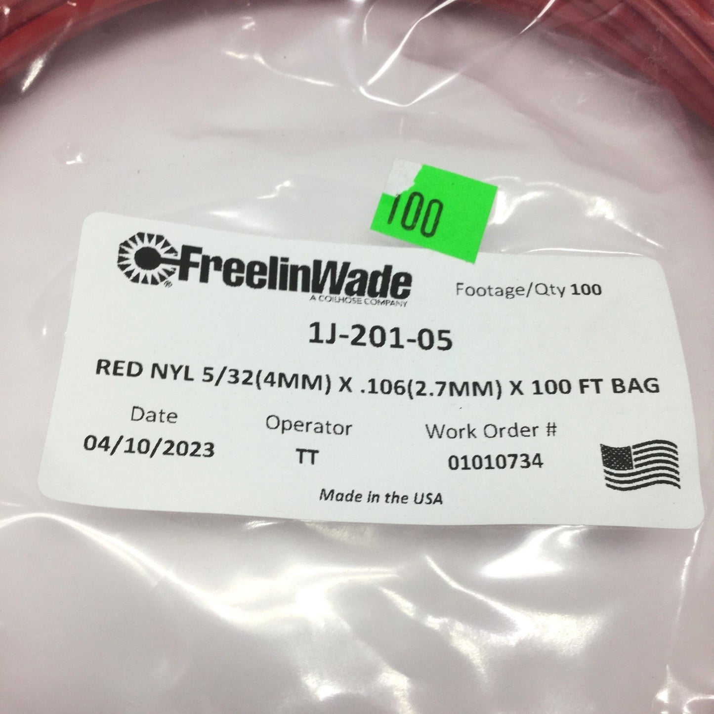 New Freelin Wade 1J-201-05 Red Nylon Tubing, 100ft Long, Ø5/32 OD x Ø0.106" ID