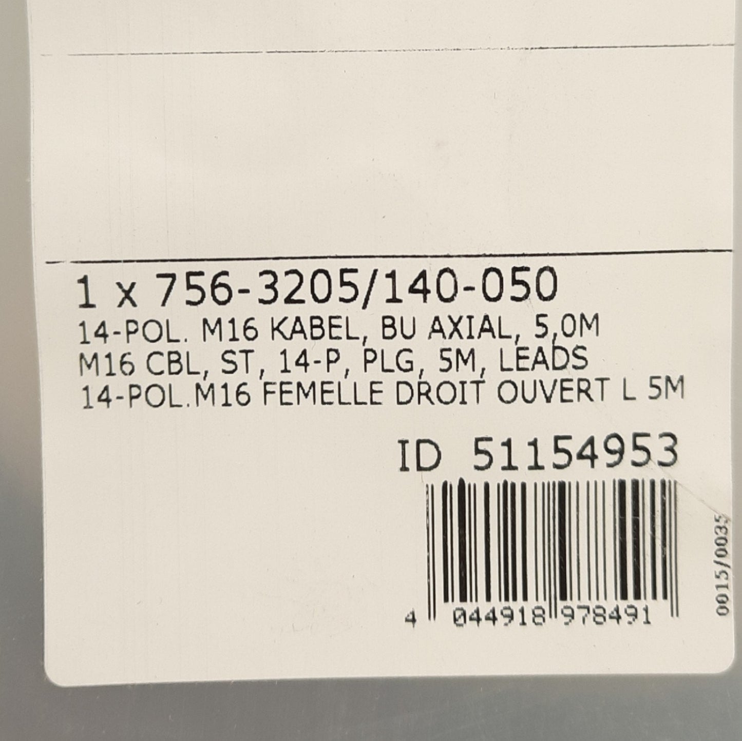 New Wago 756-3205/140-050 Cable M16 Female 14-Pole to Flying Leads, 5 Meter Length