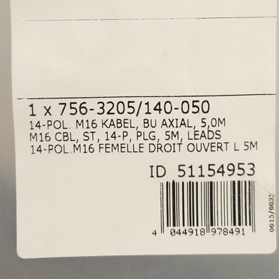 New Wago 756-3205/140-050 Cable M16 Female 14-Pole to Flying Leads, 5 Meter Length