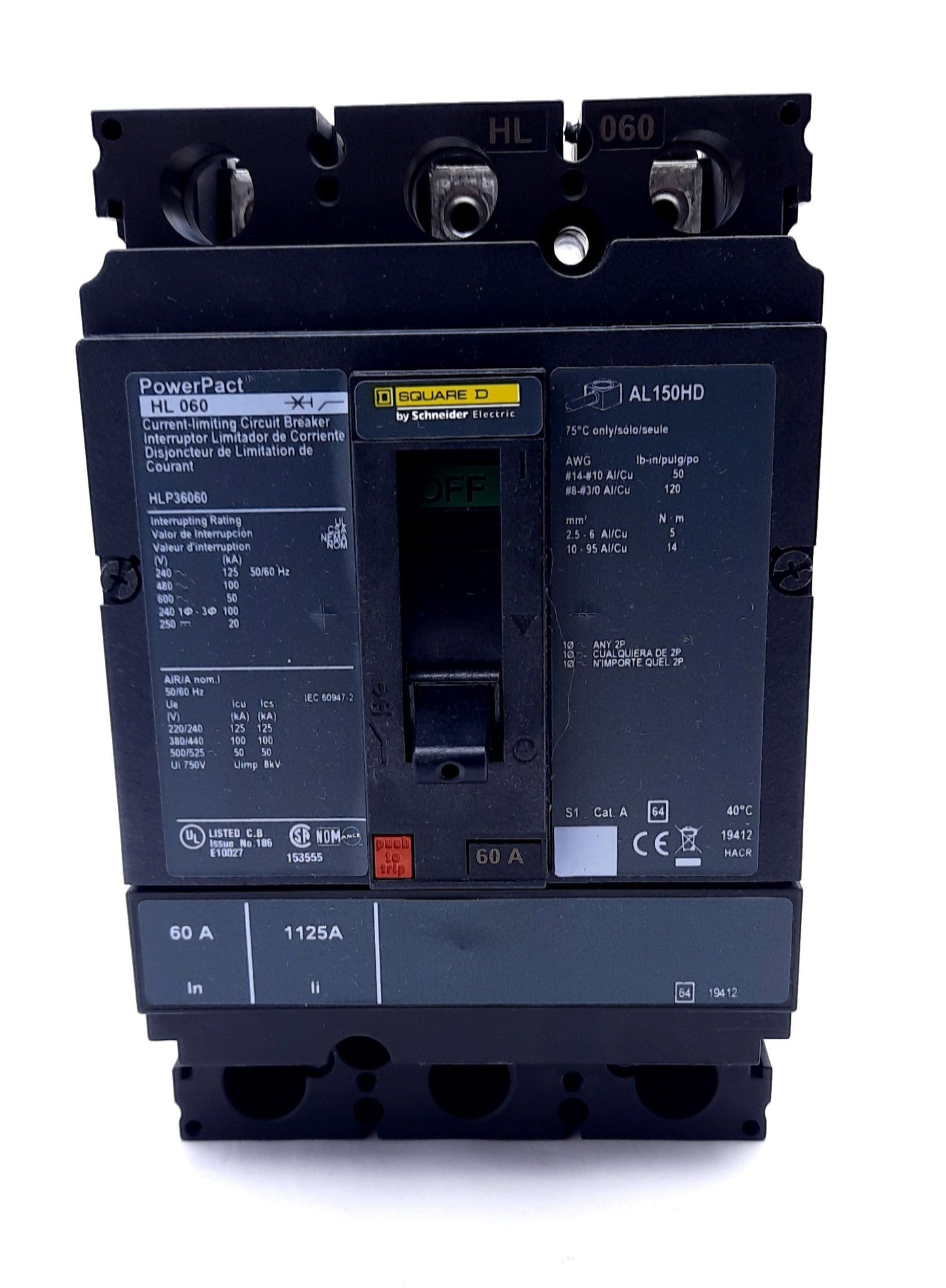 New Square D HLP36060 Current Limited Circuit Breaker 3 Pole 690VAC 60A