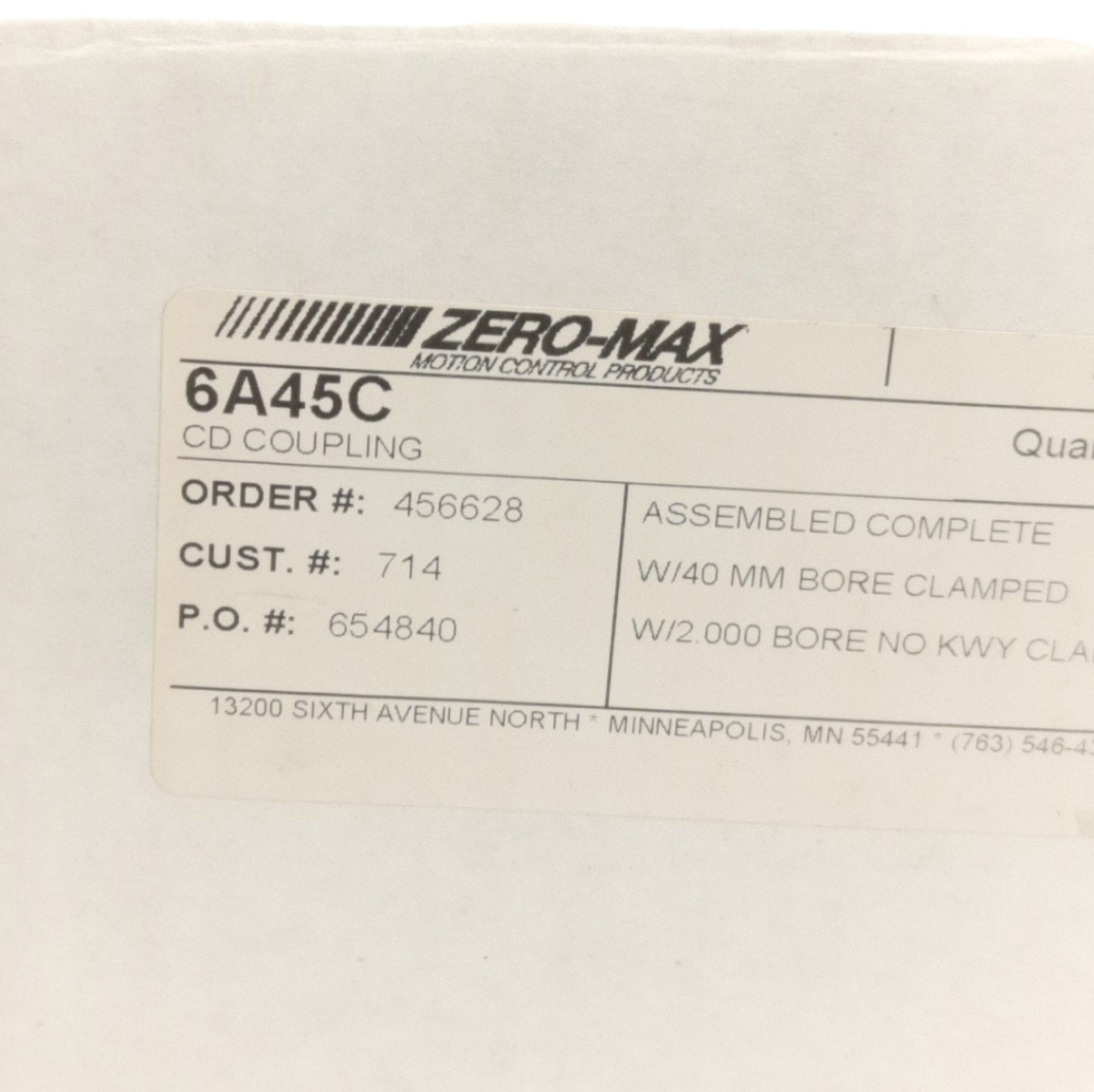 New Zero Max 6A45C Motor Coupling ø40mm & ø2in Bore, 4.5in OD, 3.96in Length