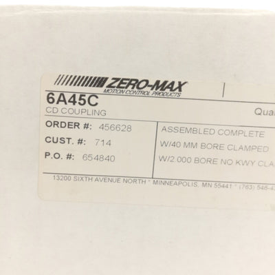 New Zero Max 6A45C Motor Coupling ø40mm & ø2in Bore, 4.5in OD, 3.96in Length