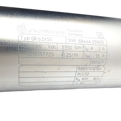 New Dunkermotoren Typ GR63x55 DC Motor w/Gearbox, 60VDC 2A, 800Ncm, 64:1, 3350RPM