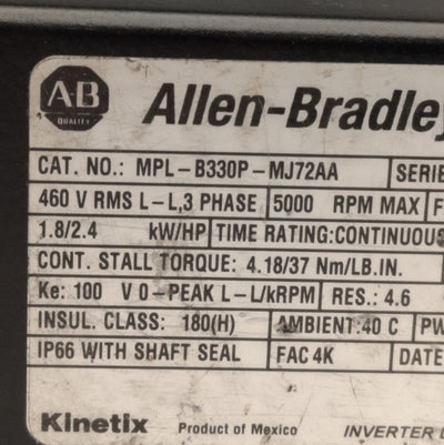 Used Allen Bradley MPL-B330P-MJ72AA Servo Motor, 480V AC 3-Ph, 1.8kW, 100mm Frame