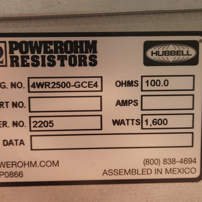 New Hubbell 4WR2500-GCE4 Powerohm Resistors Braking Resistor, 100 Ohms, 1600W