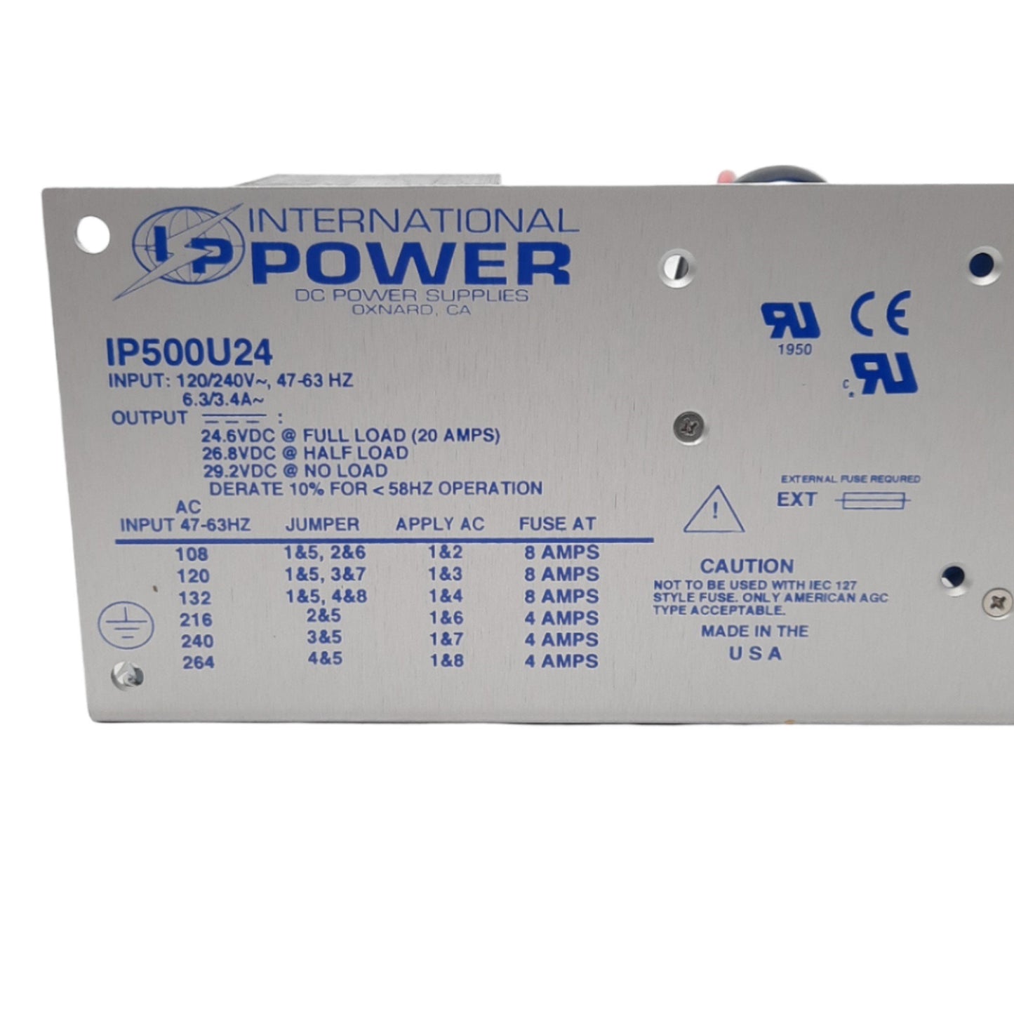 New International Power IP500U24 Power Supply 120/132/216/240VAC to 24VDC 20A 480W