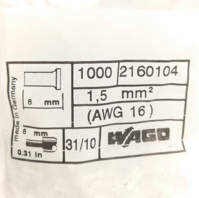 New Lot of 2000 Wago 216-104 Wire & Connector Ferrules, 16AWG, 1.5mm² x 8mm Length
