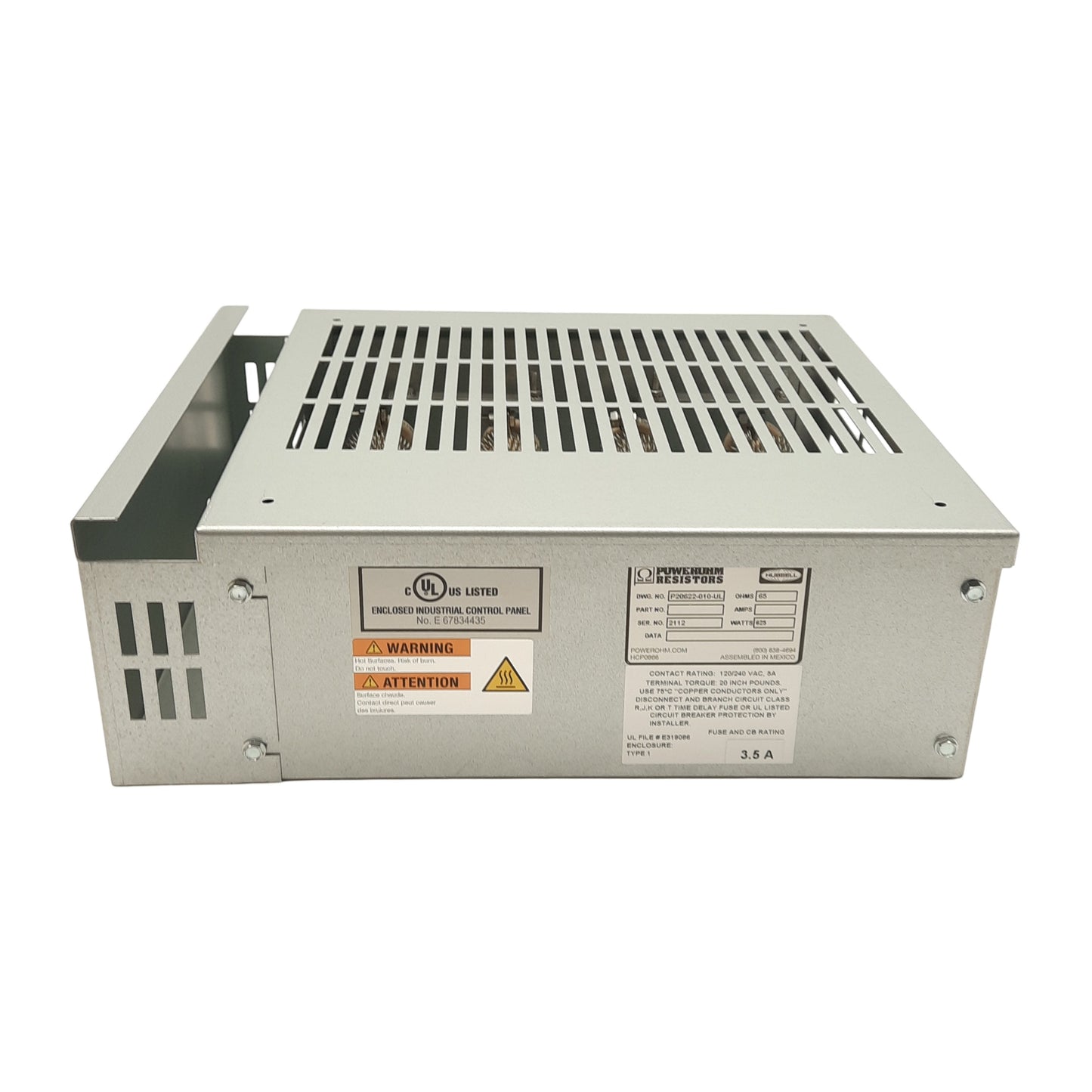 New Hubbell P20622-010-UL Powerohm Braking Resistor, 65 Ohms, 625W, 120/240VAC 5A
