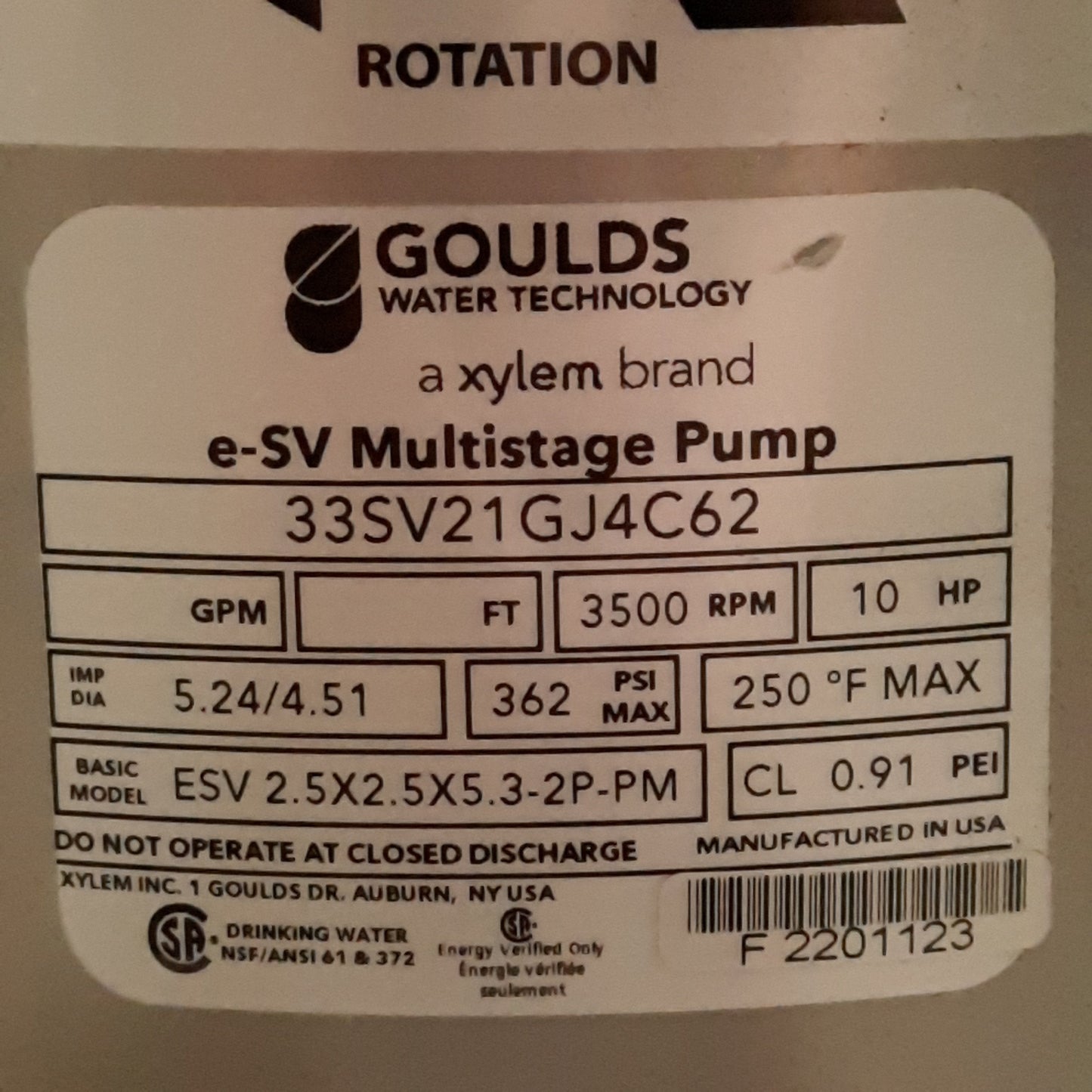 New Goulds 33SV21GJ4C62 Vertical Multi-Stage Pump 3PH 208-230/460VAC 10HP 175GPM