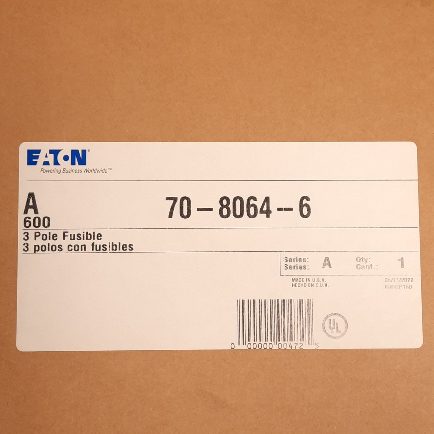 New – Open box Eaton 70-8064-6 Fusible Safety Switch Interior Assembly, 3-Pole, 600V 600A
