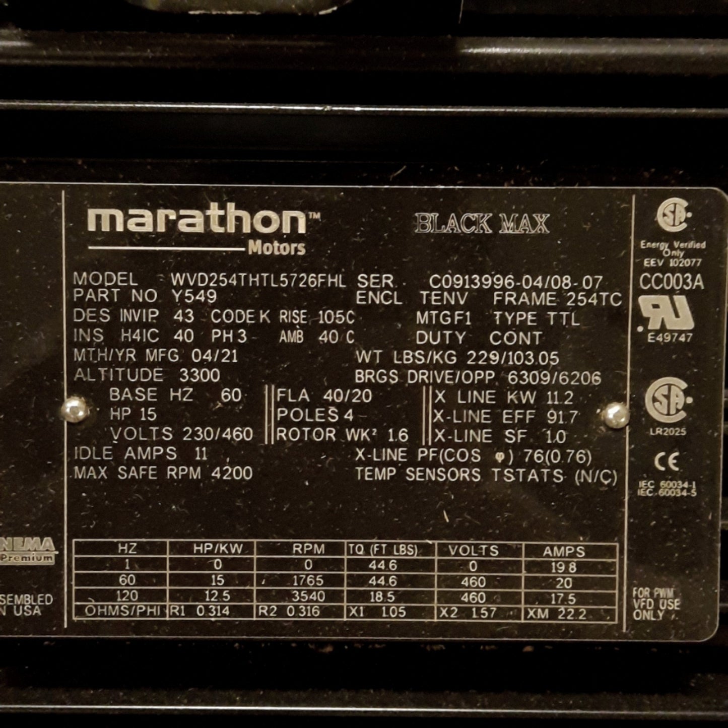 New Marathon Y549 AC Motor 3PH 230/460VAC, 15HP, 1765RPM, 1-5/8in Shaft, 254TC Frame