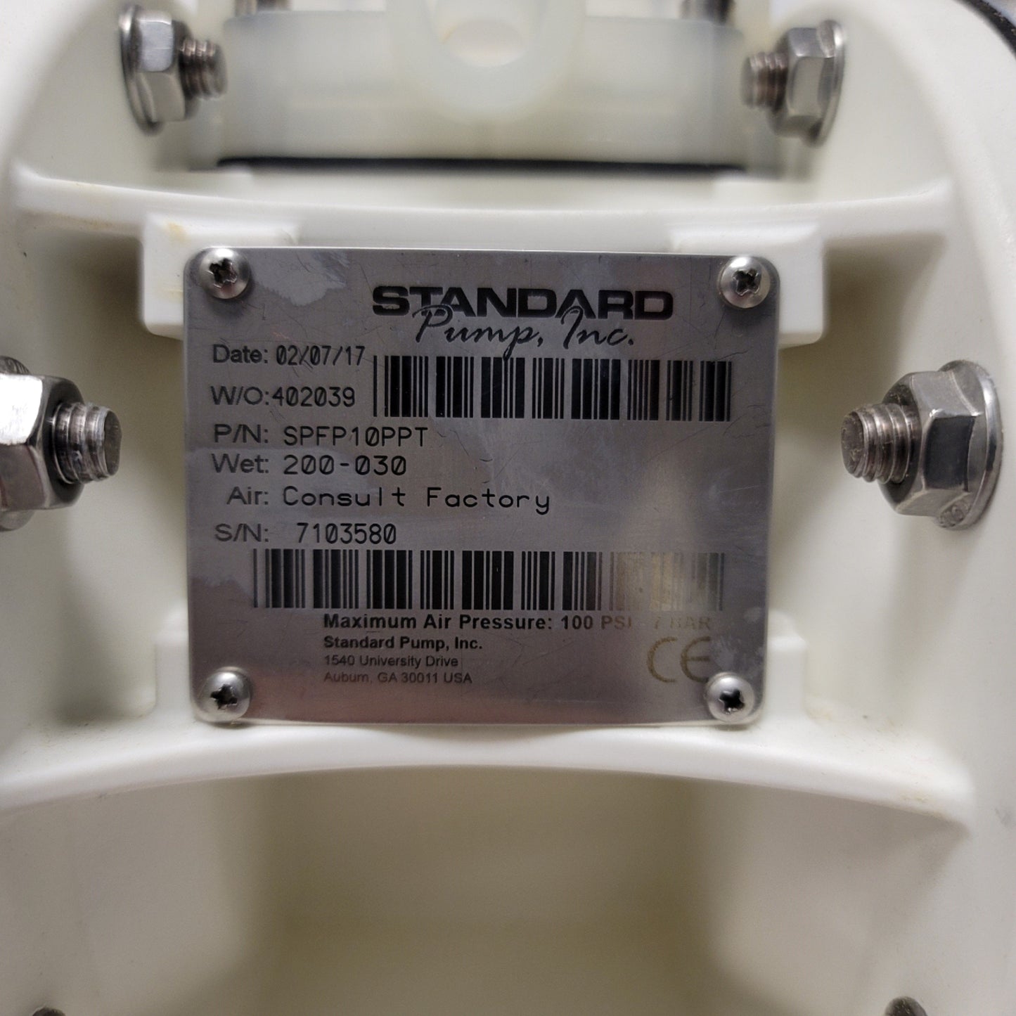 Used Standard Pump SPFP10PPT 1" Air Operated Double Diaphragm Pump, 0-36GPM, PTFE