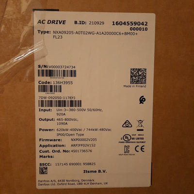 New Danfoss 136H3955 Vacon NX VFD 3Ø 380-500VAC 920A In, 465-800VDC 1090A Out, 620kW