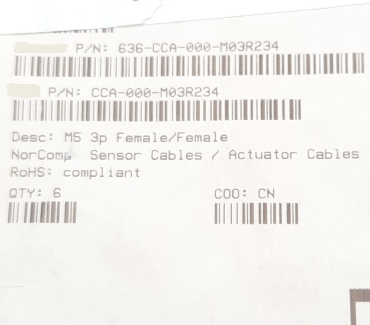 New NorComp 636-CCA-000-M03R234 Cable, M5 3-Pin Female, Double Ended, 30V, 3m
