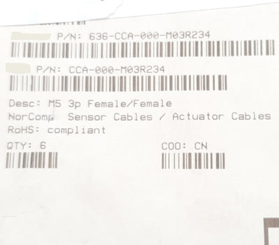 New NorComp 636-CCA-000-M03R234 Cable, M5 3-Pin Female, Double Ended, 30V, 3m