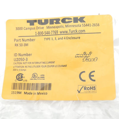 New Turck RK 50-3M Cordset, 7/8in Minifast 5-Pin Female to Flying Leads, 300V 9A, 3m