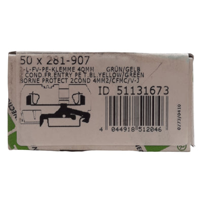 New Lot of 50 Wago 281-907 Ground Terminal Blocks, 2-Conductor, 28-12AWG, DIN Rail