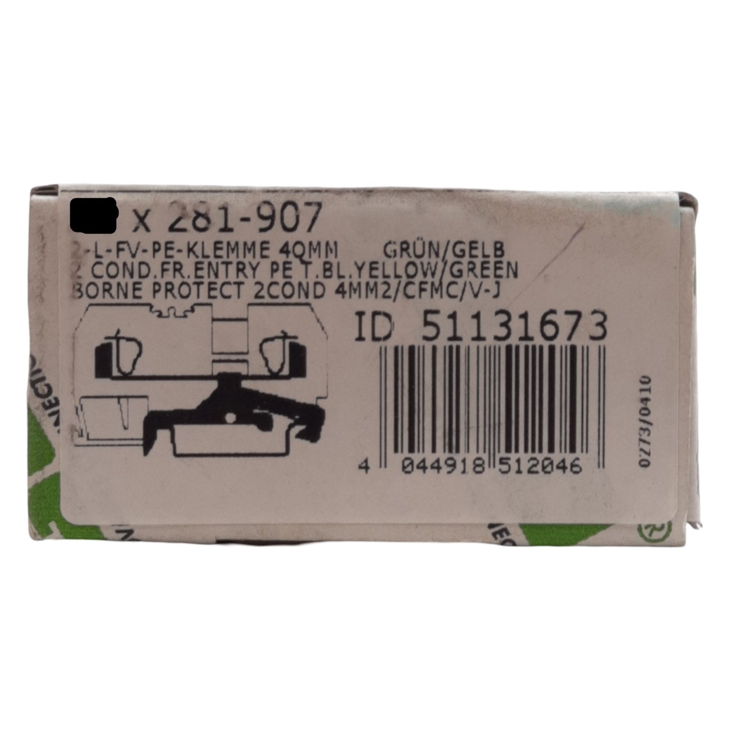 New Lot of 10 Wago 281-907 Ground Terminal Blocks, 2-Conductor, 28-12AWG, DIN Rail